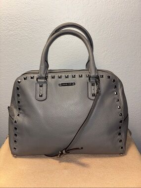 Michael Kors Sandrine studded pebbled leather satchel in gray